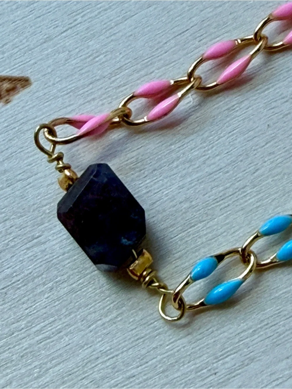 Handmade Gold Chain Bracelet with Pink & Blue Enamel and Genuine Iolite Stone